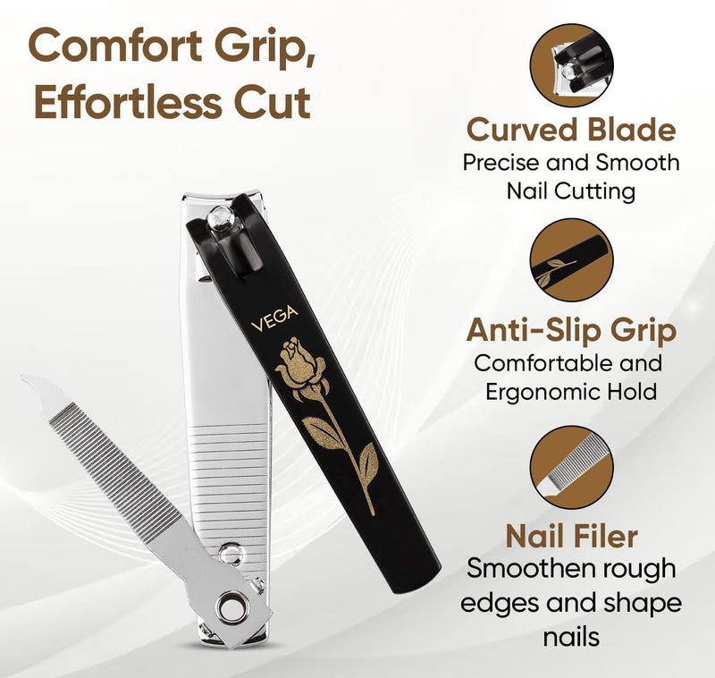 Vega Large Nail Clipper, Black with Rose Design - Image 2